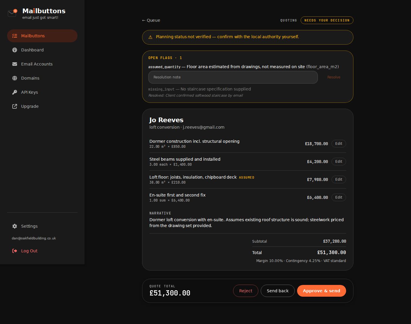 The approval screen: the quote's line items with open flags, and the Approve & send button beside the £51,300 total