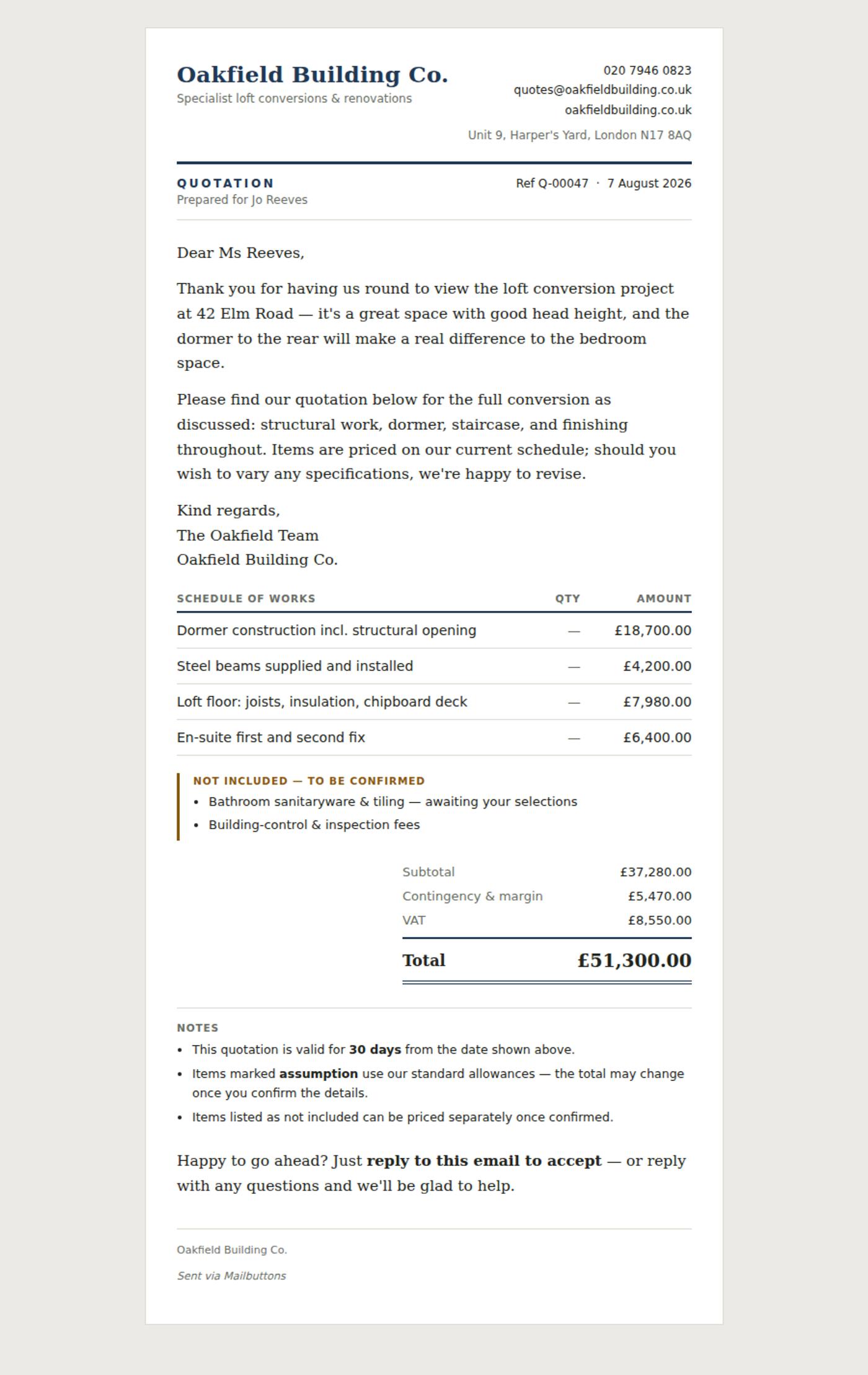The quotation email sent to Jo: branded, itemised, with the £51,300 total