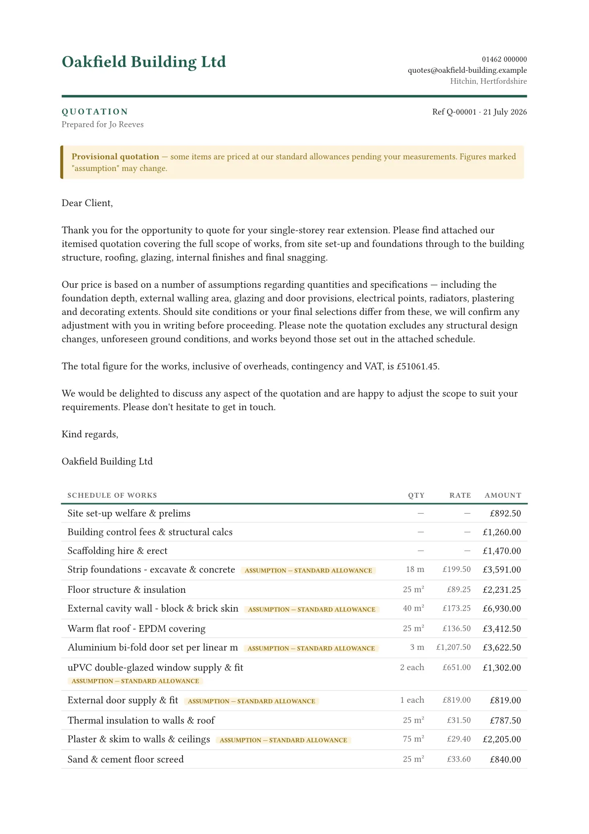 The first page of the quotation sent to Jo: Oakfield Building Ltd's name on it, itemised, with the £51,061.45 total